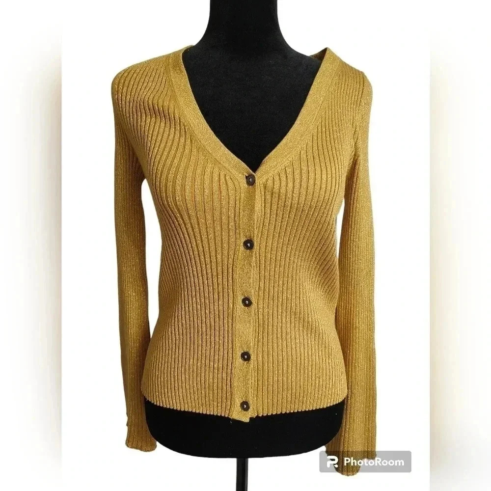 Boden Gold Ribbed Metallic Cardigan - Picture 7 of 9